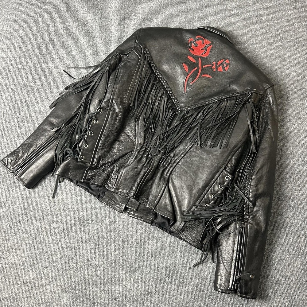 Leather Club Jacket Womens Medium Black Fringe Leather Motorcycle Rose Western - Picture 5 of 8